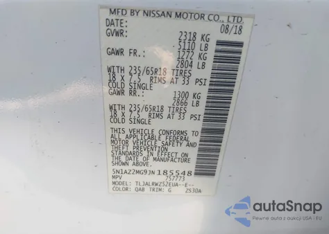 2018 Nissan Murano Sl z USA, uszkodzony, nr VIN 5N1AZ2MG9JN185548
